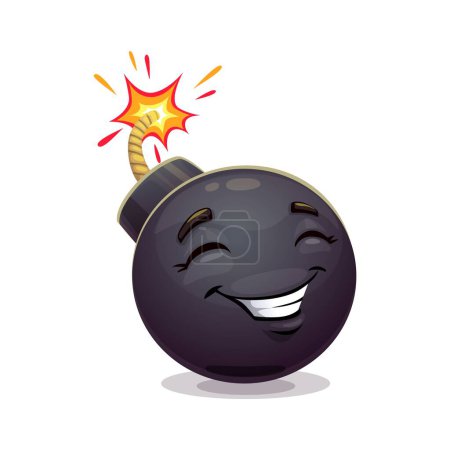 Ilustración de Personaje de bomba de dibujos animados. Personaje explosivo, con una sonrisa brillante y un fusible encendido, exudando una personalidad juguetona y traviesa. Vector aislado adorable tnt feliz cara emoji - Imagen libre de derechos