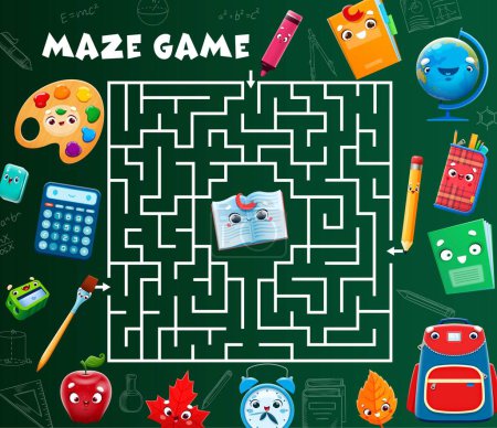 Illustration for Labyrinth maze game. Help to cartoon school stationery characters find a friend. Kids puzzle vector worksheet of square maze with funny personages of pencil, book, paint and brush, notebook, backpack - Royalty Free Image