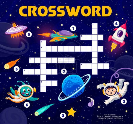Illustration for Space crossword quiz game. Word search riddle, crossword game vector worksheet or vocabulary kids playing activity with alien and boy astronauts cheerful characters, spaceship flying in outer space - Royalty Free Image