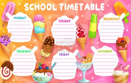 Illustration for Education timetable. Cartoon ice cream gelato, sundae, chocolate stick and vanilla cone. Kid lessons and classes vector timetable with sundae waffle cone, fruit popsicle and chocolate ice cream - Royalty Free Image