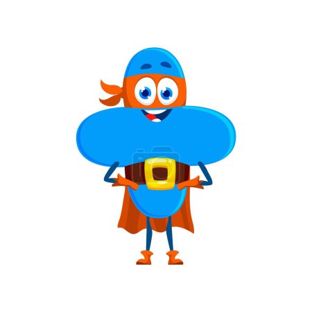 Illustration for Cartoon math plus number superhero character. Isolated vector mathematics and arithmetic sign for addition equations with big eyes and happy smile, wear defender cape and mask ready to save the day - Royalty Free Image