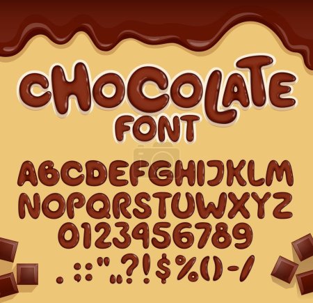 Illustration for Chocolate font, candy type, brown choco typeface, tasty english alphabet letters and numbers, vector typography. Sweet dessert food abc font with cartoon melted dark chocolate drips and choco bars - Royalty Free Image