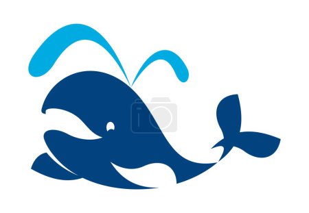 Ilustración de Icono de la ballena, el parque acuático o el emblema del deporte acuático, símbolo vectorial del mar o del océano animal. Piscina, vela o buceo y club de surf signo de ballena azul con salpicadura de agua - Imagen libre de derechos