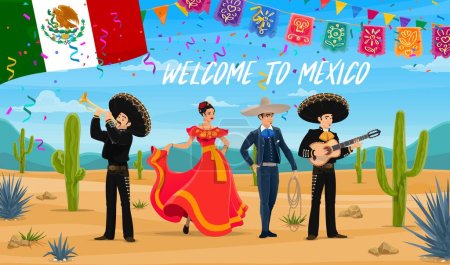 Bienvenidos a México banner de viaje con personajes nacionales mexicanos. Mariachi banda de músicos, mujer bailaora de flamenco y matador. Festival de música Cinco de Mayo, fiesta o fiesta de carnaval