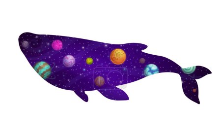Ilustración de Silueta de ballena y espacio galáctico con estrellas y planetas sobre fondo vectorial cielo estrellado. Doble exposición animal ballena azul con dibujos animados espacio de fantasía, planetas galaxias alienígenas y nebulosas - Imagen libre de derechos