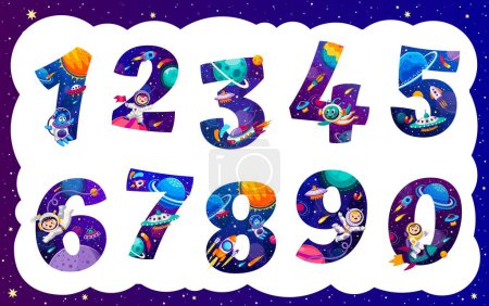 Illustration for Cartoon space numbers, funny math and astronomy science. Kids education vector font of cute digits with funny astronaut and alien characters, galaxy planets, rockets and UFO, stars and comets - Royalty Free Image
