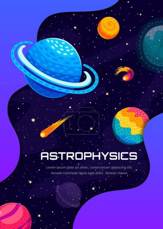 Illustration for Astrophysics, starry galaxy nebula, space planets, comets and asteroids. Cartoon vector poster with universe landscape. Alien cosmic world, space explore, scientific research, fantastic background - Royalty Free Image