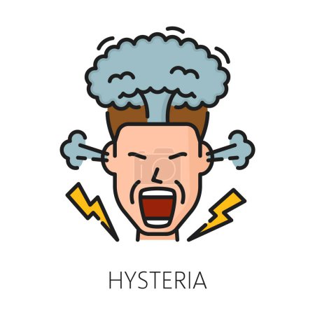 Illustration for Hysteria psychological disorder problem, mental health. Isolated vector thin line icon with person express unexplained physical symptoms and emotional distress. Human head with smoke and flash bolts - Royalty Free Image