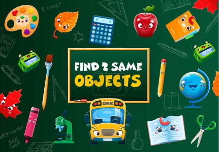 Illustration for Find two same cartoon school stationery characters kids game quiz. Matching puzzle vector worksheet with cute pencil, book, paint, notebook, bus and globe personages on classroom blackboard background - Royalty Free Image