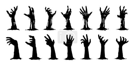 Halloween Zombie Hände Silhouetten. Isolierte Vektor-Reihe gespenstischer Arme, die aus dem Boden ragen und unheimliche und schaurige Vibes einfangen, um eine gespenstische Atmosphäre zu schaffen und einen Hauch von Horror hinzuzufügen