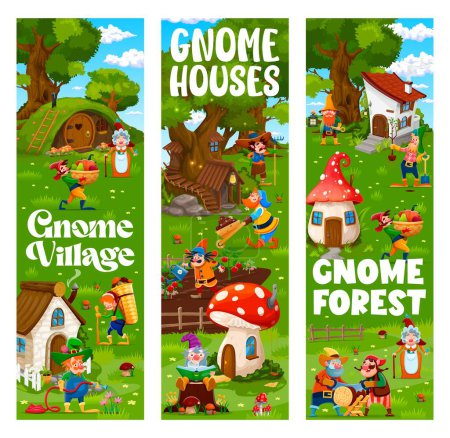 Illustration for Cartoon gnome and elf characters at fairytale village. Vertical banners or vector posters with fairy creature houses and dwellings, funny gnomes or hobbits personages working on farm and garden - Royalty Free Image