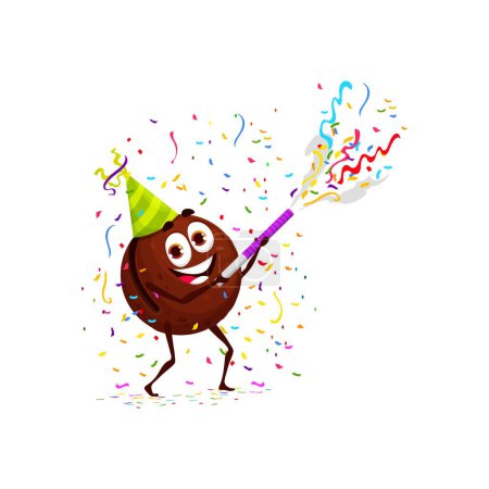 Illustration for Cartoon macadamia nut character on holiday and birthday. Isolated vector cheerful grain adorned in a party hat, joyfully shooting confetti from a popper, excudes fun and festive celebration vibes - Royalty Free Image