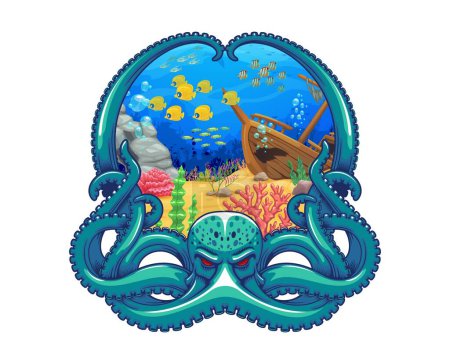 Téléchargez les illustrations : Paysage sous-marin avec cadre de pieuvre. Caricature mer sous l'eau monde vecteur fond de navire coulé sur fond de récif corallien avec des poissons tropicaux, algues et bulles dans les tentacules poulpe cadre rond - en licence libre de droit