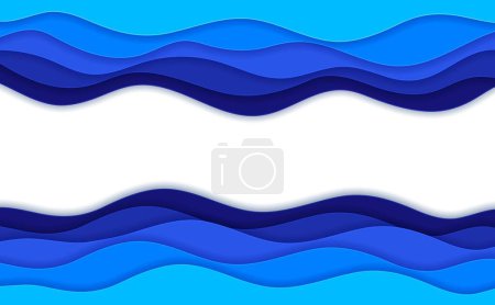 Ilustración de El papel de mar cortó olas y olas de agua del océano y curvas de surf, vector copia espacio de fondo. Marco de flujo de onda con marea marina cortada en papel y ondulaciones onduladas oceánicas y rizos de onda en capas de recorte de papel - Imagen libre de derechos