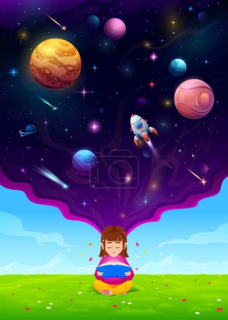 Ilustración de Niña en el prado de verano leyendo un libro y soñando con el vuelo espacial. Lindo personaje vectorial chica con burbuja de pensamiento del universo de dibujos animados, cohete, planetas de galaxias, estrellas, meteoros y asteroides - Imagen libre de derechos