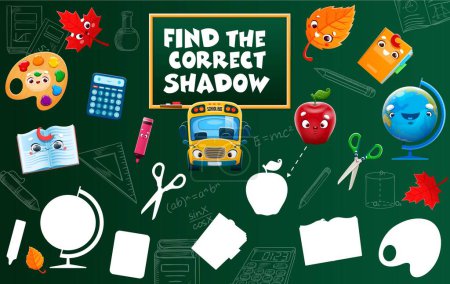 Illustration for Find a correct shadow of cartoon school stationery characters vector worksheet. Kids game puzzle with cute school supplies personages on blackboard background. Funny book, paint, globe matching quiz - Royalty Free Image