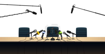 Illustration for Microphones and press conference interview table with chair, vector media event. Cartoon press conference or news room with journalist mics for interview, speaker report or politics debate - Royalty Free Image