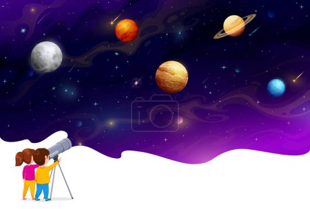 Astronomy. Cartoon boy and girl kids looking through a telescope at vector space planets, stars and constellations on dark night sky background. Cute children observation space and universe galaxy