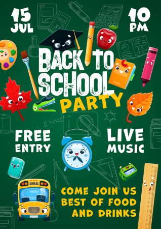 Illustration for Back to school kids party flyer, cartoon school stationery characters on blackboard background. Student welcome event vector poster, funny bus, pencil, book, pen, apple and graduation cap personages - Royalty Free Image