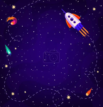 Illustration for Cartoon kids space background, planets and rocket with trace. Vector starry galaxy landscape with shining stars, fire comets and asteroids, spaceship and nebulae. Space travel, astronomy backdrop - Royalty Free Image
