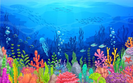 Mar paisaje submarino con algas y corales de dibujos animados, fondo vectorial submarino o oceánico. Cardúmenes de peces, medusas y estrellas de mar en el arrecife de coral tropical, el mundo oceánico y el paisaje marino submarino