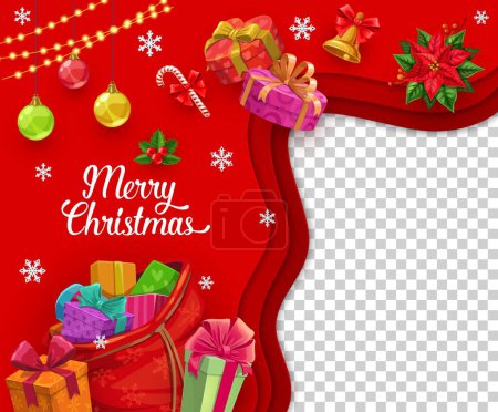 Illustration for Christmas paper cut banner with holiday gifts and bag. Xmas or New Year celebration 3d backdrop or paper cut vector background or wallpaper with Christmas gifts boxes in sack, holiday decorations - Royalty Free Image