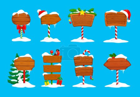 Illustration for Christmas cartoon wooden signs. North pole and holiday sign boards. Vector xmas set road pointers with santa claus hats, candy canes, bullfinch and fir branches. New year holiday game wood banners - Royalty Free Image