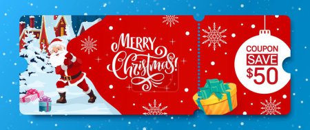 Illustration for Christmas voucher with coupon, vector Xmas ticket template, sale, discount gift card or certificate with cartoon Santa Claus pull huge bag with presents. Holiday cheque for seasonal promotional events - Royalty Free Image