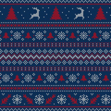 Téléchargez les illustrations : Modèle de pull bleu Noël. Noël, vacances d'hiver tricot ornement fond d'écran ou de la toile de fond vectorielle. Nouvelle année ou Noël imprimé broderie à la main, fond de pull laid avec flocons de neige et rennes - en licence libre de droit