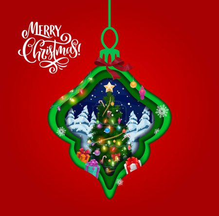 Double exposition Christmas paper cut, holiday bauble with pine tree, vector greeting card. Merry Christmas in paper cut with Santa winter gifts and Xmas tree decorations on paper layers background