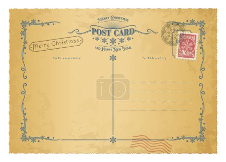 Illustration for Christmas antique postcard, retro mail postage with vintage stamps, vector holiday background. Merry Christmas vintage postcard on grunge paper or greeting card and airmail letter with mail postage - Royalty Free Image