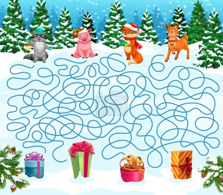Illustration for Christmas labyrinth maze help to funny animals find their gifts. Kids vector board game worksheet with cute cartoon raccoon, pig, fox and deer searching right way to presents in winter snowy forest - Royalty Free Image