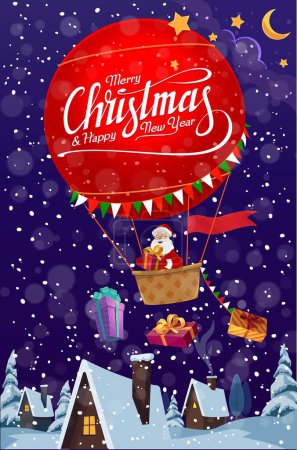 Téléchargez les illustrations : Caricature Santa volant sur ballon aérien et jetant des cadeaux. Vecteur Noël et Nouvel An vacances d'hiver carte de vœux avec le personnage du Père Noël offrant des cadeaux de Noël dans le ciel nocturne de la ville de Noël - en licence libre de droit