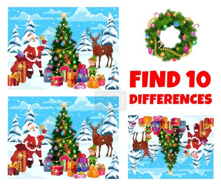Illustration for Find ten differences quiz. Christmas landscape with Santa, pine tree, deer, elf and gifts. Matching quiz, objects difference search and compare game vector worksheet with Christmas cartoon characters - Royalty Free Image