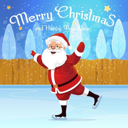 Illustration for Santa skating on the ice rink. Vector greeting card with cheerful father Noel gracefully glides in red suit contrasting against the glistening ice, laughting and spreading holiday cheer with each turn - Royalty Free Image