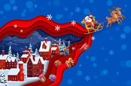 Illustration for Christmas paper cut banner with Santa sleigh and winter snowy town landscape. Winter holiday, Christmas celebration 3d wallpaper, background or paper cut vector backdrop with Santa flying over city - Royalty Free Image