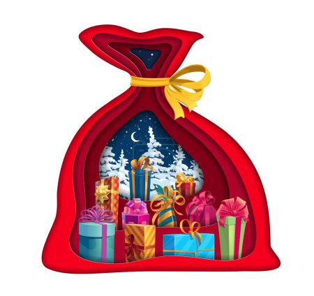 Illustration for Christmas paper cut santa bag and winter landscape double exposition. Vector Xmas holiday papercut design with 3d effect frame in shape of sack with colorful presents, gift boxes and spruces inside - Royalty Free Image