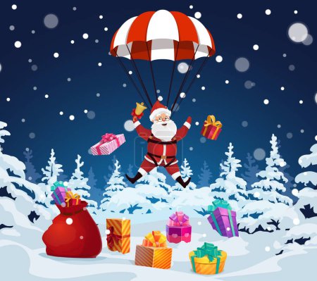 Illustration for Christmas Santa with jingle bell descends to snowy forest on a parachute, spreading joy and gifts, creating a magical and memorable holiday moment. Vector Xmas holiday scene with Father Noel skydiver - Royalty Free Image