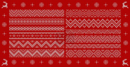 Ilustración de Suéter navideño bordes, marcos y patrones. Vacaciones de invierno, separadores de Navidad o bordes vectoriales con patrones de suéter feo, textura de punto. Navidad invierno vacaciones lana jersey patrón líneas conjunto - Imagen libre de derechos