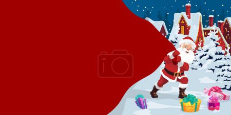 Illustration for Cartoon Santa with big gifts bag in snowy town. Vector christmas seasonal greeting card with funny Father Noel pull huge sack delivering presents to kids at snow fall. Colorful happy new year frame - Royalty Free Image