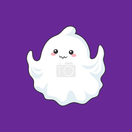 Ilustración de Personaje fantasma de Halloween de dibujos animados kawaii. Adorable vector blanco hoja fantasma con un encanto travieso, juguetonamente asusta con un boo alegre, añadiendo un giro lindo y amigable a la temporada espeluznante - Imagen libre de derechos