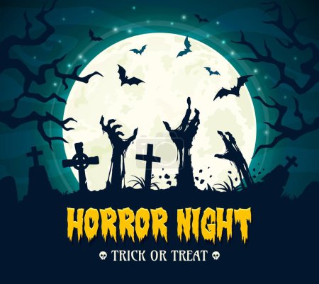 Illustration for Trick or Treat horror night banner with zombie hands for Halloween holiday, vector background. Midnight cemetery with tombstones and zombie hands in grave with bats and moon for Halloween celebration - Royalty Free Image
