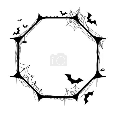 Ilustración de Marco negro festivo de Halloween adornado con espinas, murciélagos voladores y telarañas enredadas. Borde decorativo cuadrado vectorial aislado para mostrar recuerdos espeluznantes, capturando la esencia espeluznante de las vacaciones - Imagen libre de derechos