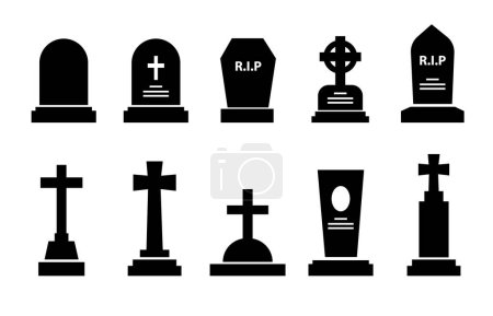 Illustration for Gravestone, headstone and tombstone icons, tomb stone vector silhouettes. Cemetery or graveyard tombstones with RIP memorial and gothic cross, funeral grave burial and Christian cemetery monuments - Royalty Free Image