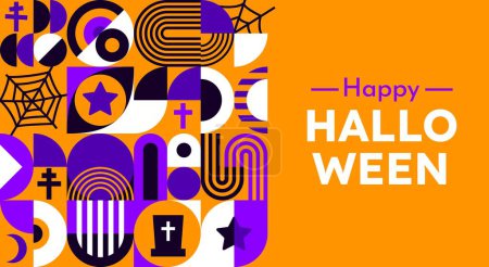 Illustration for Halloween bauhaus abstract modern geometric pattern, combines bold shapes and eerie elements, evoking a stylish yet spooky atmosphere. Vector background with purple, black, orange and white colors - Royalty Free Image