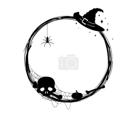 Illustration for Halloween holiday black frame, skull and witch hat in spiderweb, vector spooky border silhouette. Halloween horror night circle border frame with pumpkin, creepy skeleton bones and spider in cobweb - Royalty Free Image