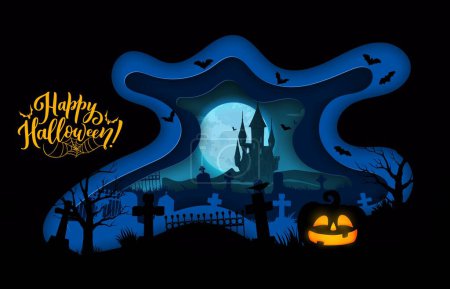 Illustration for Halloween paper cut banner with dark castle and cemetery silhouette. The moonlight illuminates creepy tombstones and haunting trees, setting the perfect eerie ambiance for a spine-chilling celebration - Royalty Free Image