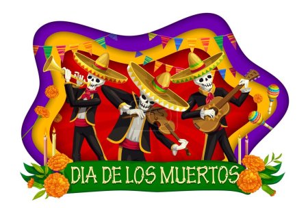 Téléchargez les illustrations : Bannière en papier Dia de Los Muertos ou musiciens de mariachi squelette Day of Dead, fiesta de vacances mexicaine vectorielle. Carte de voeux Dia de Los Muertos avec squelettes de calavera découpés en papier avec sombrero, guitare - en licence libre de droit