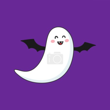 Illustration for Cartoon kawaii Halloween ghost character. Isolated vector funny spook with friendly eyes, bat wings, fangs and white, smiling form, floats playfully with a little wisp of a tail trailing behind - Royalty Free Image