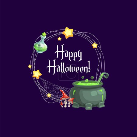 Illustration for Halloween holiday frame with witch cauldron, potion bottle and amanita mushrooms. Vector round border with Happy Halloween lettering, cartoon spooky pot with green brew, and yellow glowing stars - Royalty Free Image